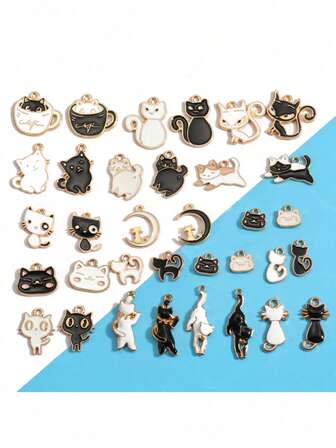 10 件油滴可爱黑白猫合金饰品钥匙扣手链项链吊坠 DIY 手工饰品配件制作 W478