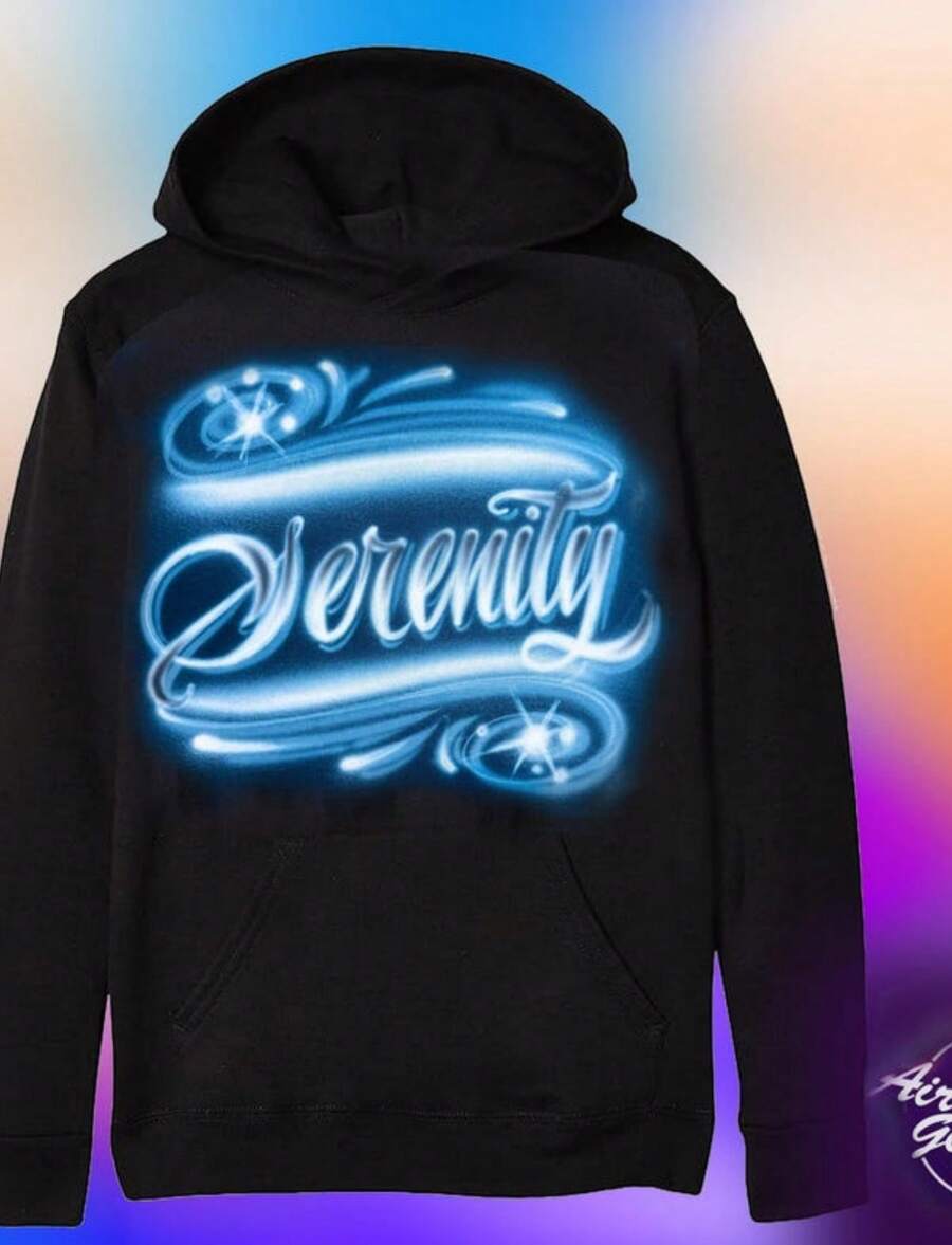 Airbrush Black Hoodie, T-Shirt With White Paint, Hand-Painted Streetwear Art, De - 黑色 - 查看 1