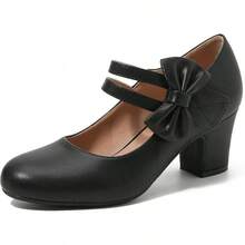 Enelauge Women's Mary Jane Heels With Bow Retro Closed Round Toe Pumps Sweet Ankle Strap Low Block Heels Chic Bowtie Vintage Dress Wedding Party Office Daily ShoesChristmas - 黑色 - 查看 12