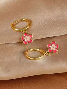2pcs Copper Creative 5-Petal Flower Earrings For Women, Fresh Color, Delicate And Petite Design, Sweet And Refreshing Style, Suitable For Daily Wear