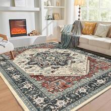 Soft Neutral Area Rugs 5x7, Washable Rug With Non Slip Backing, 5 X 7 Faux Cashmere Low-Pile Carpet, Cream White & Blue & Light Brown,  2025 Design - Black & Red - View 11