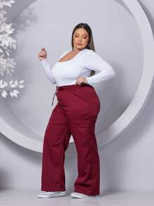 PLUS SIZE WIDE LEG HIGH WAIST PANTS WITH CARGO POCKET - 酒紅色 - 查看 5