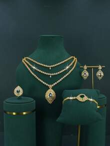 Juego de 5 piezas de accesorios nupciales de estilo real con baño de oro de 18K, con circonita cúbica blanca engastada a mano, que incluye collar, pulsera, aretes y anillo, adecuado para uso diario y bodas, regalo de aniversario de boda