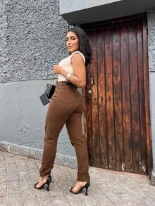 Mon Jeans Pants Without Lycra Women's High Waist Pants Feminine Fashion - Marrom com cinto - 查看 3