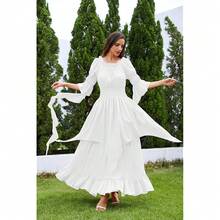 Renaissance Dress Women Victorian Medieval Gothic Witch Fairy Wedding Beige Off Shoulder Puff Sleeve Ruffle Dresses{"Color_name":"03-White","Size_name":"XX-Large/3X-Large"} - 03-白色 - 查看 4