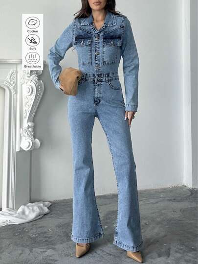 Women's Casual Button Half-Zip Long Sleeve Denim Flare Jumpsuit, Autumn
