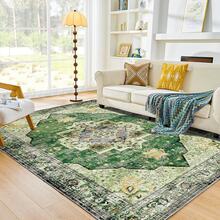 Soft Neutral Area Rugs 5x7, Washable Rug With Non Slip Backing, 5 X 7 Faux Cashmere Low-Pile Carpet, Cream White & Blue & Light Brown,  2025 Design - Green & Yellow - View 2