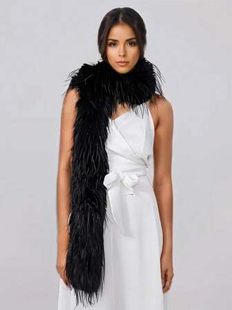1条长款蓬松女士围巾，纯色流苏羽毛披肩，适合休闲和正式场合穿着 - 可手洗，奢华厚实，优雅的白色/黑色可选，多功能外套配饰，适合圣诞节、情人节和派对 - 柔软透气的领口设计，可搭配连衣裙