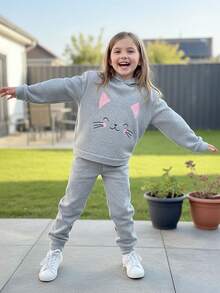 Conjunto deportivo Color Liso de niña con sudadera estampado de gatito y jogger - Jaspe - Ver 1