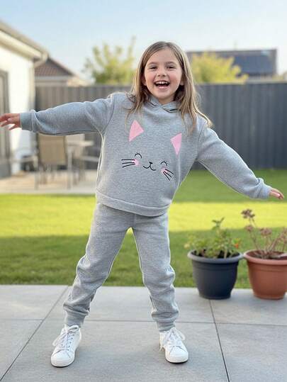 Conjunto deportivo Color Liso de niña con sudadera estampado de gatito y jogger