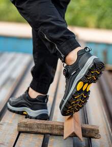 UMBURLLY Men's Safety Shoes, Anti-Smash Steel Toe, Anti-Puncture Kevlar Wear-Resistant Non-Slip Rubber Sole, Button Style, Men's Outdoor Construction Work Shoes, Workshop Industrial Safety Boots - 黑色 - 查看 8