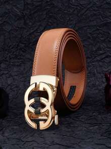1 Piece Of Men's Letter Alloy Automatic-Buckle Adjustable Waist Belt. It Is A Carefully Selected Men's Light Luxury Business And Fashion Leather Belt, With A Length Of 120cm/47.24 Inches. Durable In Use, It Is Suitable For Daily Wear And Party Outfits, Applicable To Any Occasion. This Jeans Belt Is An Excellent Gift Choice. - Gold - View 14