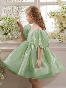 Váy dự tiệc lưới đính cườm trễ vai cho bé gái, váy công chúa thích hợp cho sinh nhật, đám cưới, phù dâu, vũ hội, tiệc tùng và các dịp trang trọng khác của trẻ em - Màu xanh Bạc hà - Xem 7