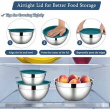 Juego de cuencos para mezclar con tapas hermticas, de acero inoxidable, juego de 3 cuencos de cocina de metal, aptos para lavaplatos y congelador, 1.5 cuartos de galn y 2.6 cuartos de galn y - Azul - Ver 6