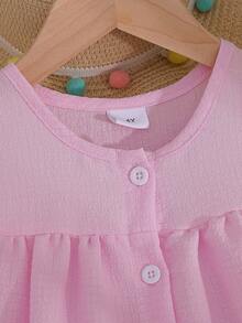 女童夏季休闲连衣裙，圆领无袖荷叶边下摆背心式无袖时尚优雅连衣裙 - 淺粉色 - 查看 3