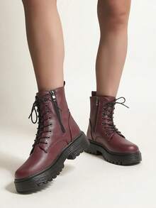 Women's Autumn/Winter New Burgundy Boots, Thick Heel, Round Toe, Lace-Up, Motorcycle Boots, Versatile, Stylish, Unisex, British Style Combat Ankle Boots - Burgundy - View 6