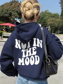 Tween Girl Casual Printed Thermal Lined Hoodie Sweatshirt, Navy, For Autumn