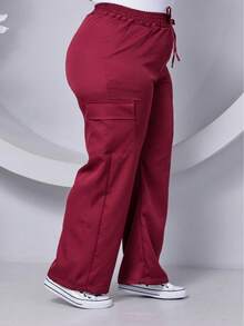 PLUS SIZE WIDE LEG HIGH WAIST PANTS WITH CARGO POCKET - 酒紅色 - 查看 2