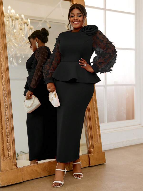 Plus Size Women Party Dress With 3D Butterfly, Mesh And Lantern Sleeves, Work Appropriate Elegant Cocktail Semi Formal Prom Wedding Guest Dress, For Birthday, Graduation, Dinner, Homecoming,Fall Women Clothe,Back To School