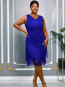 Vestido de noche de longitud hasta la rodilla con cuello en V sin mangas, cintura alta y flecos multicapa en color azul, adecuado para que las mujeres de talla grande asistan a bodas, fiestas de boda, despedidas de soltera, vacaciones, cumpleaños, galas, homecomings y otras ocasiones. - Azul - Ver 3