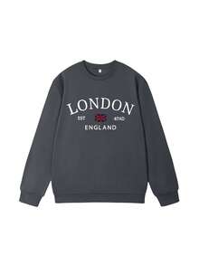 女士休闲圆领运动衫，时尚撞色和英文图案印花，适合日常穿着，秋冬 - 深灰色 - 查看 7