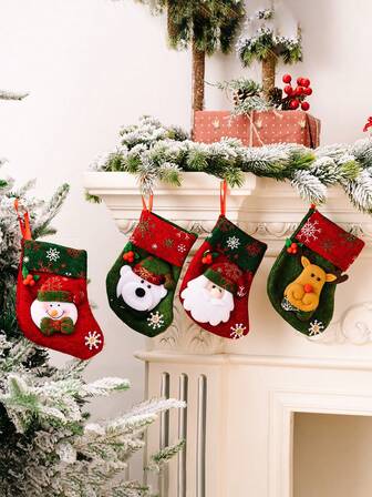 4pcs/1pc Cartoon Christmas Stocking Decorative Pendants, Cute Old Man, Snowman, Reindeer And Bear Pattern Creative Design Christmas Stocking, Polyester Material, Christmas Decoration Products, Suitable For Christmas Decoration, Christmas Gifts, Party Decor, Christmas Tree Decor, Christmas Tree Pendants, Friend Gifts, Gift Storage, Room