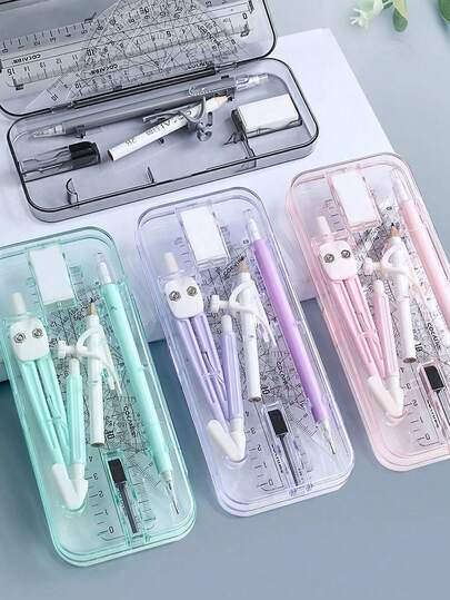 Set de 10 piezas de compás y regla, suministros de aprendizaje para estudiantes, para uso en exámenes, incluye regla, triángulo, transportador, portapapeles, estilo aleatorio, artículos de papelería, regalos de Navidad, de vuelta a la escuela