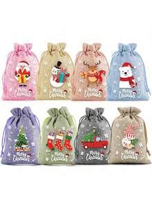 8/1件圣诞节抽绳礼品袋，圣诞节包装袋，粗麻布袋，装饰性节日派对礼物，圣诞节粗麻布袋，捆绑袋，跨境派对节日礼品袋，抽绳儿童卡通糖果袋，粗麻布袋，万圣节，圣诞节 - 彩色 - 查看 12