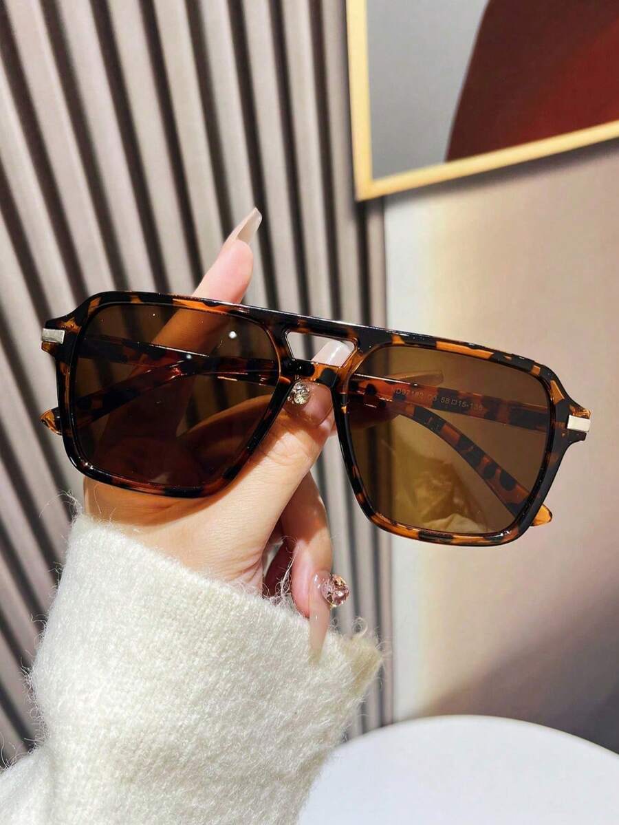 1/2PCS European & American Double-Beam Square Tortoiseshell Frame Fashion Glasses For Women & Men, Casual Outdoor Beach Travel Daily Decorative Eyewear - Multicolor - View 1
