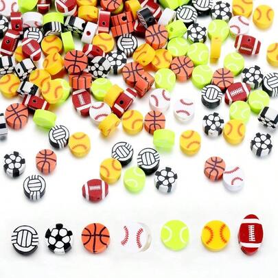 100Pcs Sports Ball Beads Jewelry Making, Sports Polymer Clay Bead, Baseball Basketball Soccer Rugby Volleyball Beads Crafts Bracelet Sports Ball