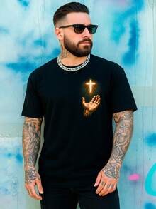 Men's T-Shirt With Cross And Praying Hand Print - 黑色 - 查看 4