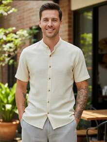 Men's Short Sleeve Shirt With Priest Collar, Comfortable, Cool, Easy To Iron - 卡其色 - 查看 1