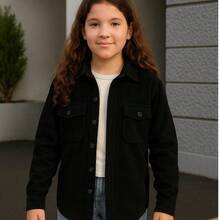 Sobrecamisa de pana negra para juniors diseño moderno ajuste cómodo y ligero estilo versátil ideal para uso diario o salidas casuales prenda duradera con look juvenil adaptable a cualquier ocasión tallas 12, 14 y 16. - Negro - Ver 3