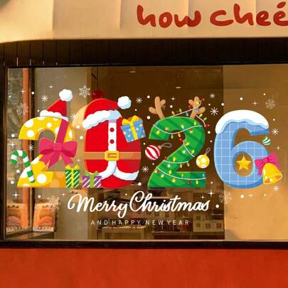 ملصق زجاجي لعيد الميلاد 2026، قبعة سانتا كلوز، قرون الغزلان، عيد ميلاد سعيد، ملصق ثابت على النافذة، ملصق جرس هدية على النافذة