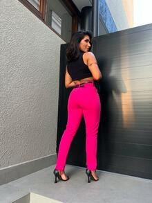 Mon Jeans Pants Without Lycra Women's High Waist Pants Feminine Fashion - Pink com cinto - 查看 5