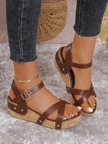 [2025 Spring/Summer New Arrival] Y2K European & American Ins Style Platform One-Strap Buckle Sandals For Women, Rivet Bow Tie Roman Sandals - Màu Tím - Xem 3