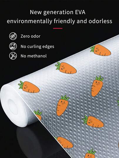 1 rolka wykładziny półkowej z wzorem marchewki, wykładzina do szafek, wykładzina do szuflad, wykonana z materiału EVA, wodoodporna, olejoodporna, odporna na pleśń, łatwa do czyszczenia, antypoślizgowa, odpowiednia do półek, szafek, lodówek, szuflad