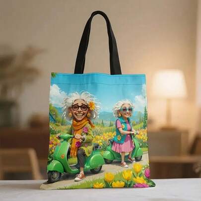 1 pieza Bolsa de tela con diseño divertido de abuela montando una motocicleta, con patrón de abuela montando una patineta - Bolsa de compras reutilizable de alta resistencia, con apertura superior y correa de hombro resistente - Bolsa de compras diaria para mujeres, regalo para el Día de la Madre/Día del Padre - Diseño vibrante de una señora mayor, adecuado para salidas casuales y viajes - Lavable a máquina, durable y con un diseño alegre de abuela y nieta montando una motocicleta, adecuado para cualquier ocasión