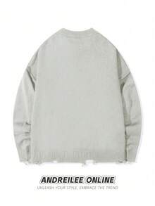 ANDREILEE 秋冬男女通用街头风极简长袖圆领套头毛衣，饰有流苏和做旧细节，宽松舒适 - 淺灰色 - 查看 3