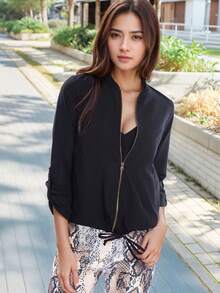 Thin Gabardine Skirt Lace-Up College Coat - Black - View 6