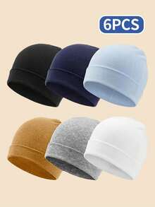 6pcs/Set Newborn Baby 0-6M Plain Thermal Ion Soft Simple Daily Caps, Suitable For Infant Daily Use - Multicolor - View 8