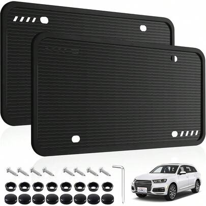 Marco de Matrícula, 2 Pack Porta Placas para Auto de Silicona, Soportes para MatríCula Universal con Tapas de Tornillos, Antivibración, Antióxido, Resistente a la Intemperie, Negro