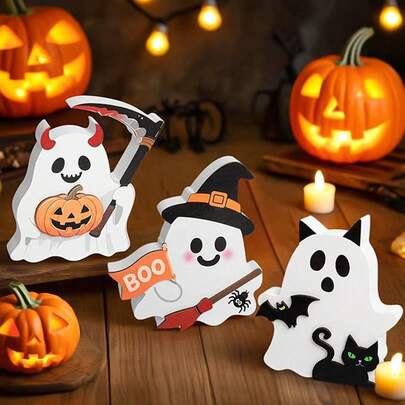3PCS Halloween Ghost Ornament Wooden Table Centerpieces Tiered Tray Decor For Fall Home Shelf Mantels