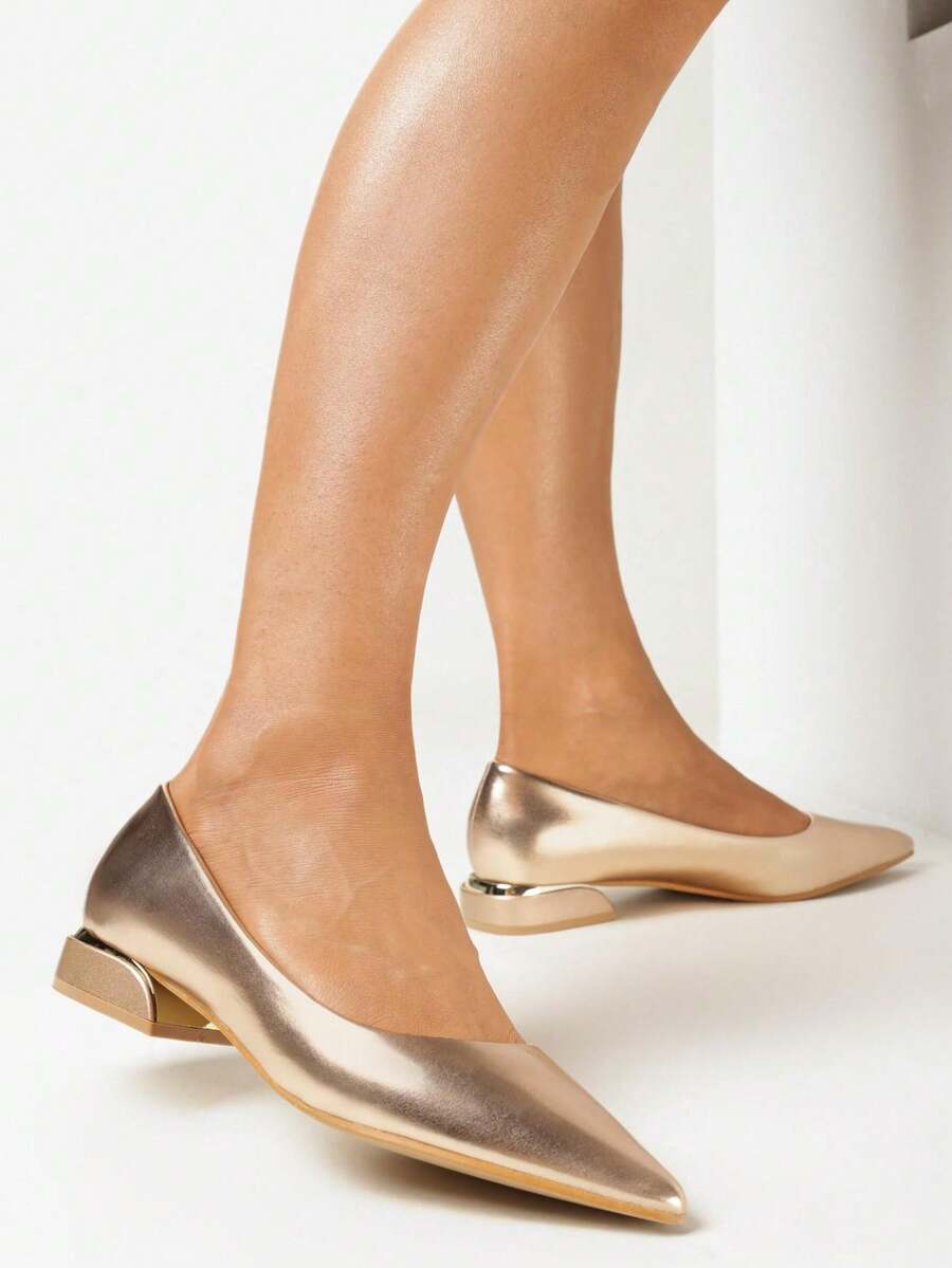 Elegant Pointed Toe Low Heel Pumps - Women's Casual Work/Office Shoes - Champagne - View 1