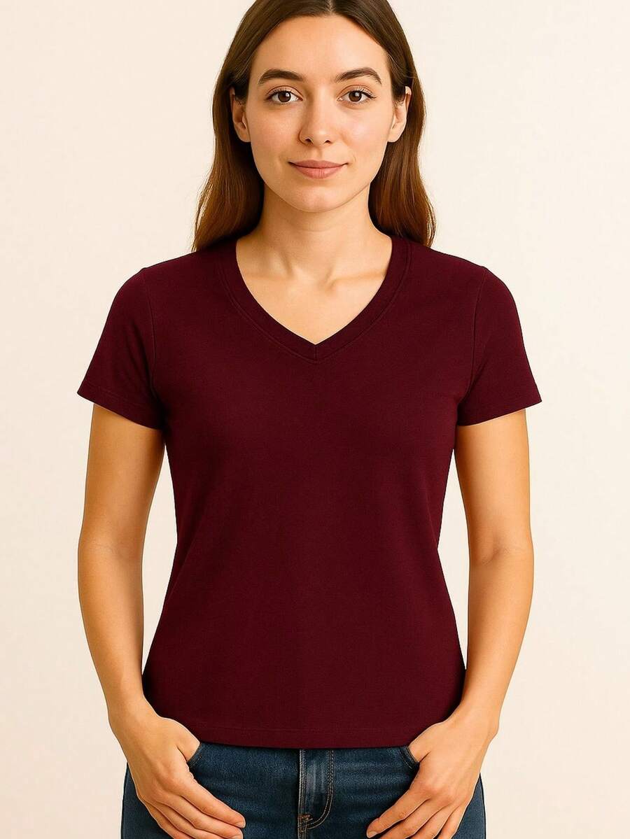 Women's Basic Short Sleeve V-Neck Blouse - 酒紅色 - 查看 1