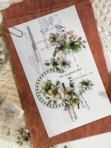 1 rolă bandă adezivă cu cerneală albă, decupată cu matriță PET, autocolante DIY pentru scrapbooking floral vintage, potrivite pentru cadouri, birou, casă, marcare, etichete, clasă, jucării, planificator pentru studenți, autocolante decorative vintage creative