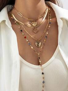 4pcs Minimalist Fashion Copper Metal Chain Pendant Necklace Set, Hollow Heart & Letter Charm Y-Shaped Necklace, Personalized Design With Rhinestones, Suitable For Casual, Party, Date, Gift (Handmade Chain Cut To Size, Rhinestone Quantity Varies) - 30600-nek-g - View 2