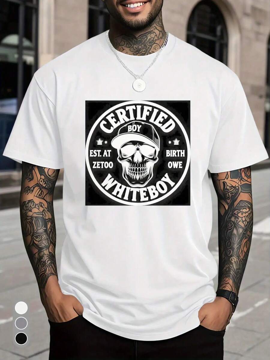 Camiseta blanca con patrón para hombres - Estampado de calavera audaz y texto de niño certificado, diseñada en 1998 - Camiseta casual de cuello redondo para verano, adecuada para uso casual - Camiseta de rap audaz para hombres - Ropa casual duradera y cómoda, patrón de calavera y huesos cruzados - Perfecta para festivales de música y uso casual - Moda para hombres adultos, tela ligeramente elástica - Cuello redondo de ajuste regular, adecuada para el estilo diario - Perfecta para ropa de calle y atuendos audaces, material transpirable, personas de festivales, ropa unisex, estilo retro - Blanco - Ver 1