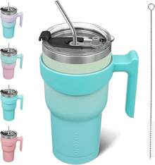Vaso de  con asa de acero inoxidable con tapa y popote para mujer, color verde lavanda - Menta - Ver 2