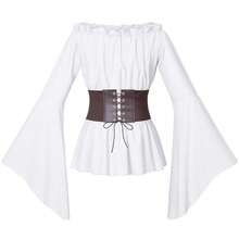 Womens Renaissance Victorian Peasant Ruffle Smocked Waist Boho Pirate Shirt Blouse With Belt Set{"Size_name":"XX-Large","Color_name":"White"} - White - View 5